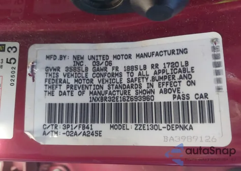 2006 Toyota Corolla Le из США, поврежденный, VIN 1NXBR32E16Z693960